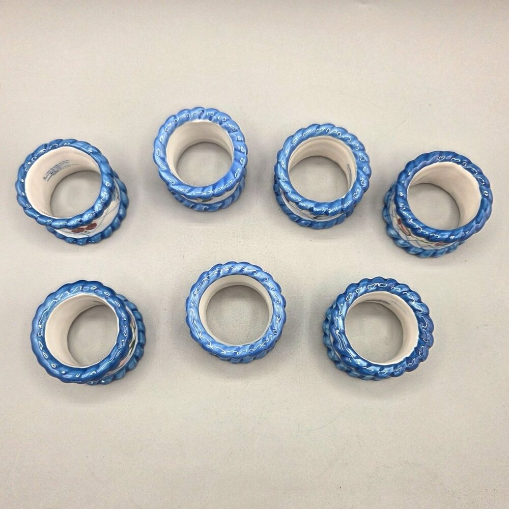 Floral Blue Ceramic Napkin Rings Enesco by Pamela Silin-Patton Set of 7 - Picture 4 of 7